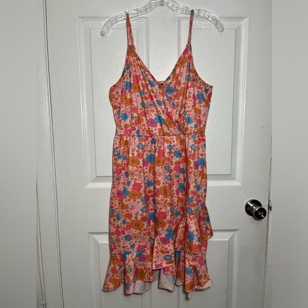 Unbranded Floral Coral Spring Snap Front Spaghetti strap Ruffle Dress | Large